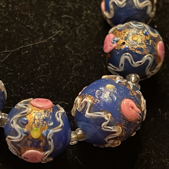 Vintage VENETIAN Italy Wedding Cake Art Murano Glass Cobalt Blue Bead Necklace - Picture 16 of 17